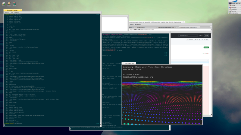 A screenshot of a Haiku OS session running. with a bunch of windows open, one of which shows the shell history of how I built and installed all these tools, and another showing some low resolution graphics.