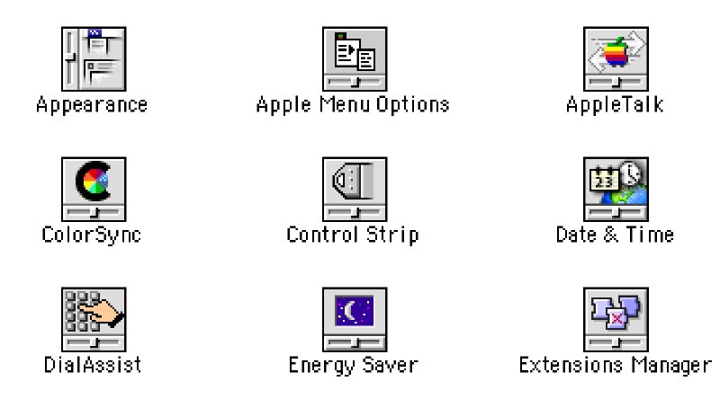 A grid of old Macintosh control panel icons, each of which is square and divided into 2/3rds image representing the function of that control panel, and 1/3rd being an image of a slide to give you a clue as to what kind of thing this icon represents.