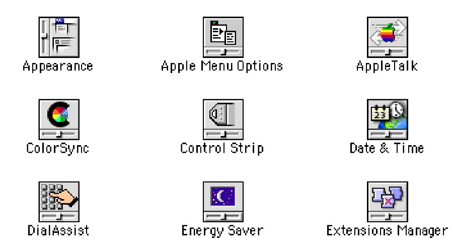 A grid of old Macintosh control panel icons, each of which is square and divided into 2/3rds image representing the function of that control panel, and 1/3rd being an image of a slide to give you a clue as to what kind of thing this icon represents.