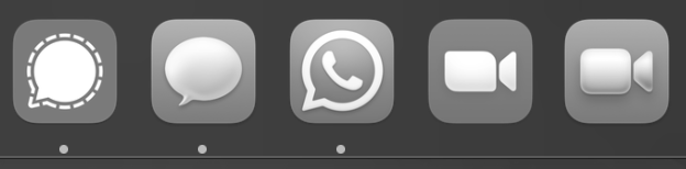 The icons for Signal, Messages, What's App, Zoom, and FaceTime, but this time in monochrome, so the clear distinction between the green and blue icons is lost, so you now have three icons with speech bubbles and two icons with video camera icons.