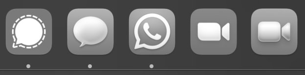 The icons for Signal, Messages, What's App, Zoom, and FaceTime, but this time in monochrome, so the clear distinction between the green and blue icons is lost, so you now have three icons with speech bubbles and two icons with video camera icons.