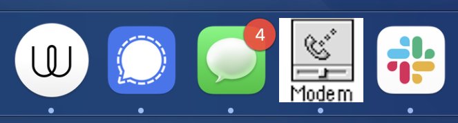 The icons for Wire, Signal, Messages, What's App, and Slack on my dock again, only this time I've swapped the What's App icon for the old Modem control panel icon from Mac OS 9.
