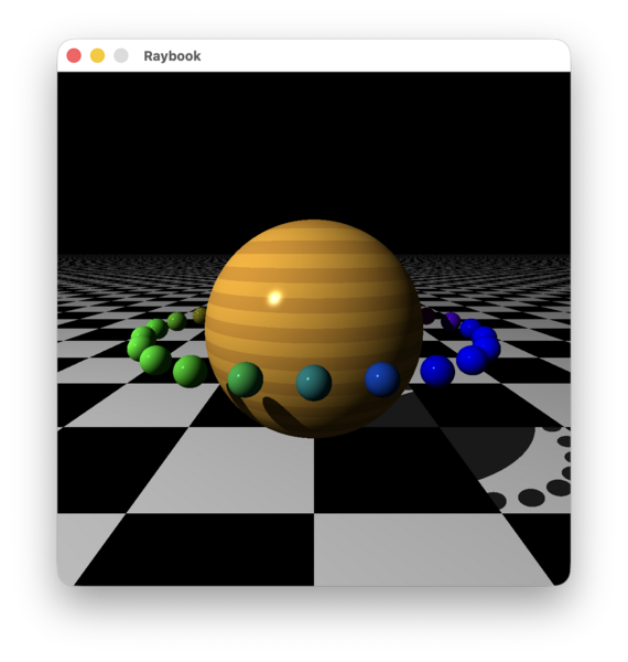 A screenshot of a ray traced scene of a large sphere with a ring of smaller spheres around it floating over an infinite plane. The large sphere has alternating light and dark orange stripes on it, the smaller spheres form a rainbow of bright colours around it, and the ground is a light and dark grey checker board pattern.