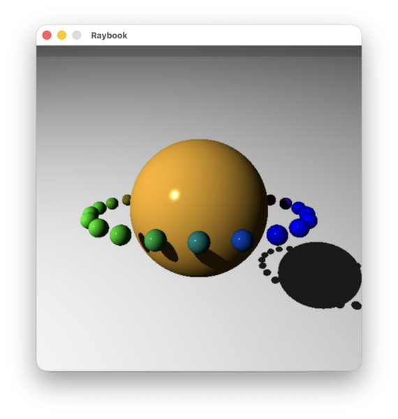 A screenshot of a ray traced scene of a large orange sphere with a series of rainbow coloured spheres surrounding it. Below the spheres is a neutral grey ground plane with the shadow of the spheres cast upon it.