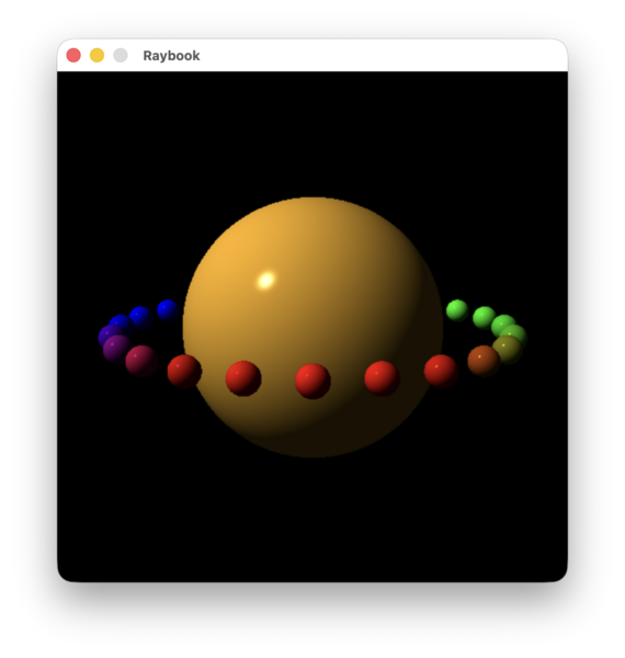Another screenshot of the lit orange sphere, but now it has a belt of multicoloured smaller spheres surrounding it.
