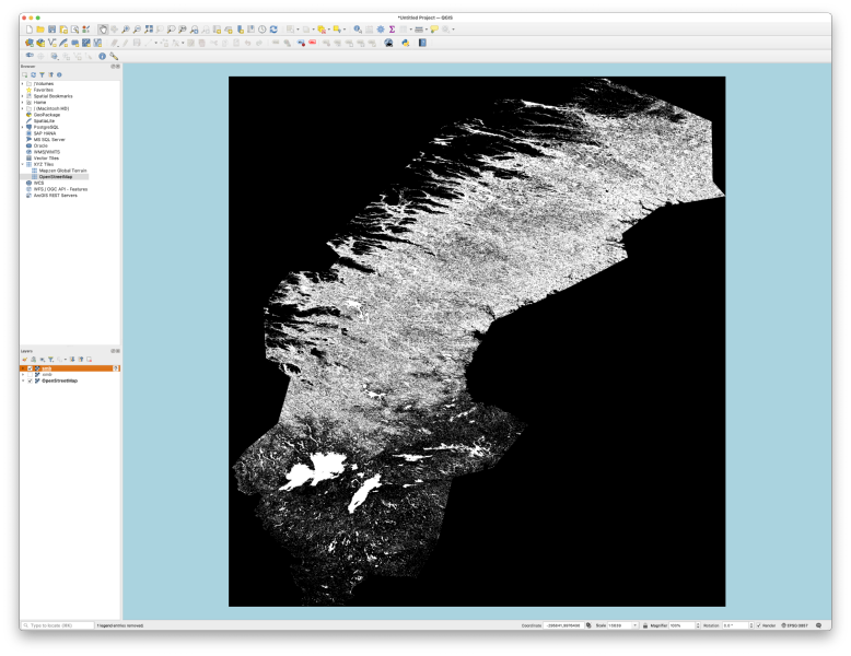 A screenshot of QGIS again, only now the image data is stretched into a square, and surrounded by featureless blue rather then a map of Scandinavia.