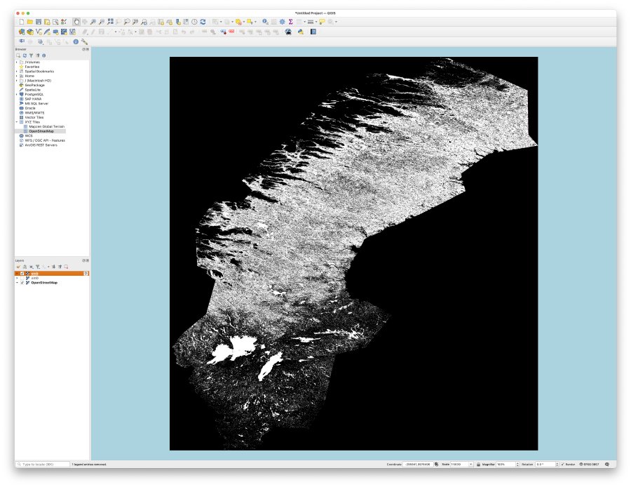 A screenshot of QGIS again, only now the image data is stretched into a square, and surrounded by featureless blue rather then a map of Scandinavia.
