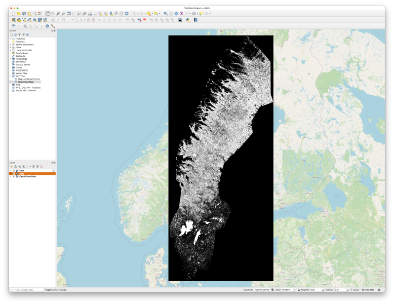 A screenshot of QGIS, showing a map of the world focussed on Scandinavia, over which is a black and white rectangle showing some map data over Sweden.