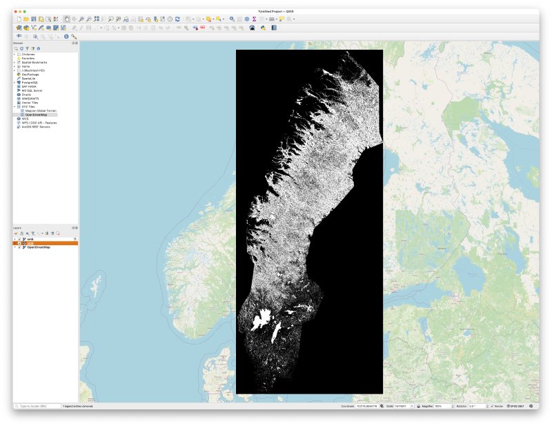 A screenshot of QGIS, showing a map of the world focussed on Scandinavia, over which is a black and white rectangle showing some map data over Sweden.