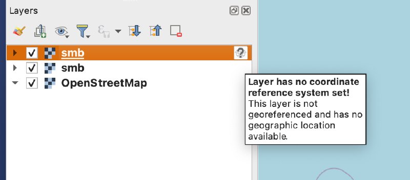 There is a ? icon next to the layer in QGIS, and a tooltip is shown saying 'Layer has no coordinate reference system set! The layer is not georeferenced and has no geographic location available.'