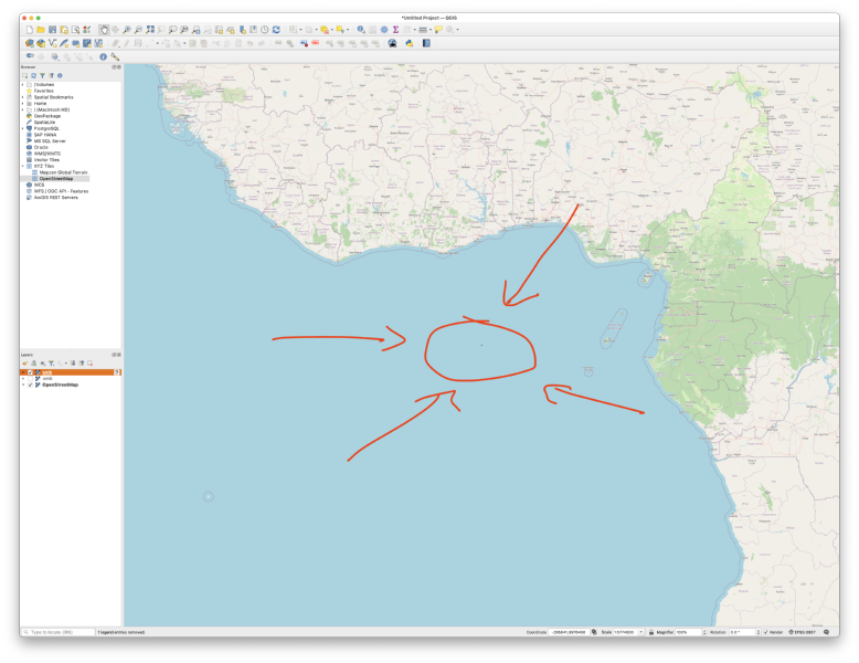 A screenshot of QGIS showing the west coast of Africa, with a bunch of hand drawn annotations pointing to where the pixels would be.