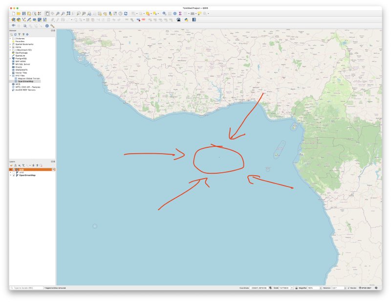 A screenshot of QGIS showing the west coast of Africa, with a bunch of hand drawn annotations pointing to where the pixels would be.