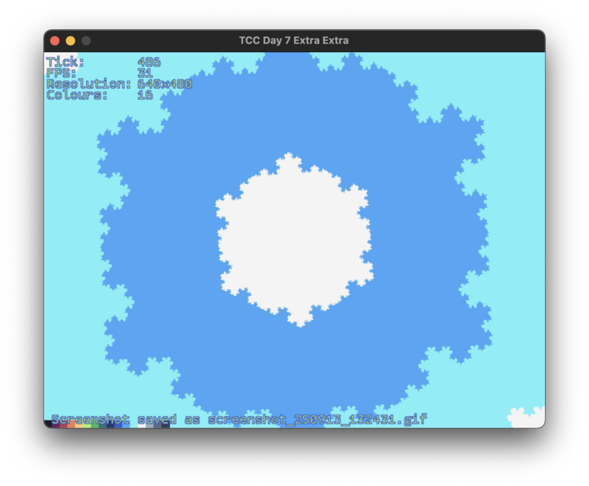 A screenshot of a fractal generation application titled "TCC Day 7 Extra Extra" displaying a Koch fractal with a white central snowflake pattern surrounded by blue fractal patterns on a cyan background, showing technical parameters including tick 486, 31 FPS, 640x480 resolution, and 16 colors. At the bottom of the screen it has an announcement of a screen shot being saved to a specific filename.