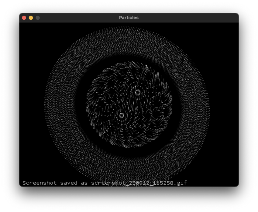 Screenshot of a particle simulation application titled "Particles" displaying white dots arranged in a circular pattern with swirling formations in the centre, creating spiral-like structures against a black background. At the bottom of the screen it has an announcement of a screen shot being saved to a specific filename.