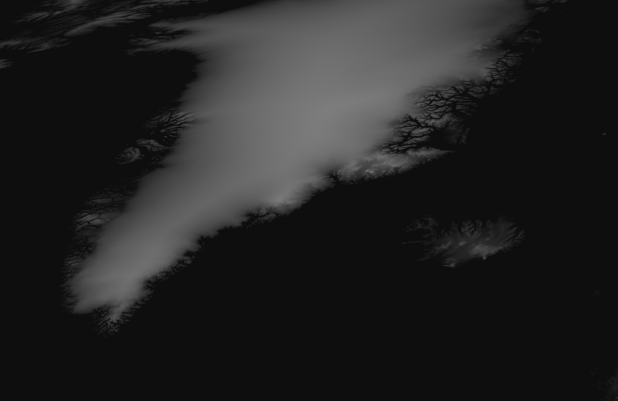 A monochromatic elevation map showing Greenland. The coasts look like one might expect, but the core of the country is very blurred as if it has been overly smoothed.