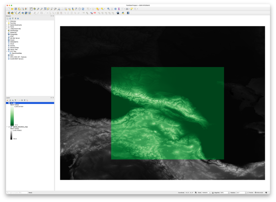 A screenshot of QGIS software showing a monochromatic elevation map filling the window. Most of the map is greyscale, but in the middle there is a rectangular area that is shaded green. The hill ranges visible in the elevation map seamlessly transition between the two coloured areas.
