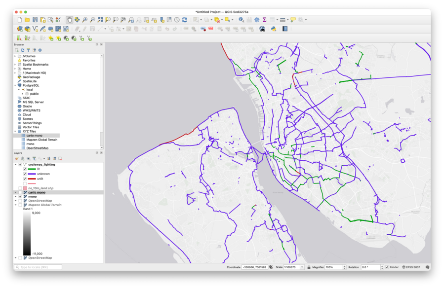 A screenshot of QGIS software displaying cycleway and bicycle infrastructure data from OpenStreetMap over Liverpool and The Wirral, with lines representing various types of bicycle routes where lit cycleways are shown in green, unlit in red, and unknown in blue. The majority are in blue, with just a tiny amount green and red.