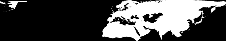 A black and white image showing bits of the world highlighted. On the top left is the shape of Alaska and to the right is most of Europe, Russia, and down into India. The bottom left of the image, which would be over most of north and south america, is blank.