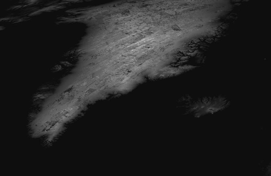 A monochromatic elevation map showing Greenland. The coasts look like one might expect, but the core of the country has very evident striping (presumably from multiple satellite passes) and noise in the data.