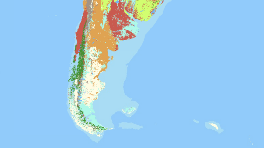A false colour image showing the same portion of South America whre different colours represent the different habitats. In the ocean you can see two distinct shades of blue being used and the boundary of the two is clearly where the "barrier" line was in the previous map.
