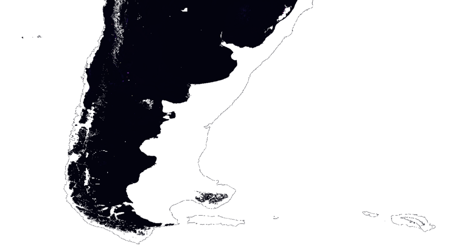 A black and white image showing the southern end of South America as black with the ocean white, but there is a clear ring of black pixels as i there was some barrier out at sea.