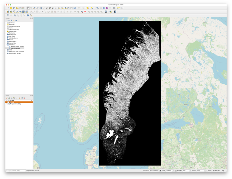 A screenshot of QGIS, showing a map of the world focussed on Scandinavia, over which is a black and white rectangle showing some map data over Sweden.