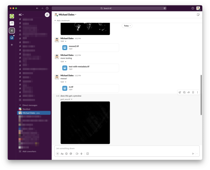 A screenshot of a slack channel where I send myself images, some of which have icons and some of which have previews. In each one I have written a silly message with things like 'more testing' 'meese!' and 'does this get a preview'
