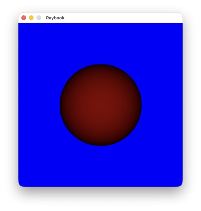 A screenshot of a window showing a red sphere on a blue background. the shading is just a depth map of the sphere, with edges darker than the centre.
