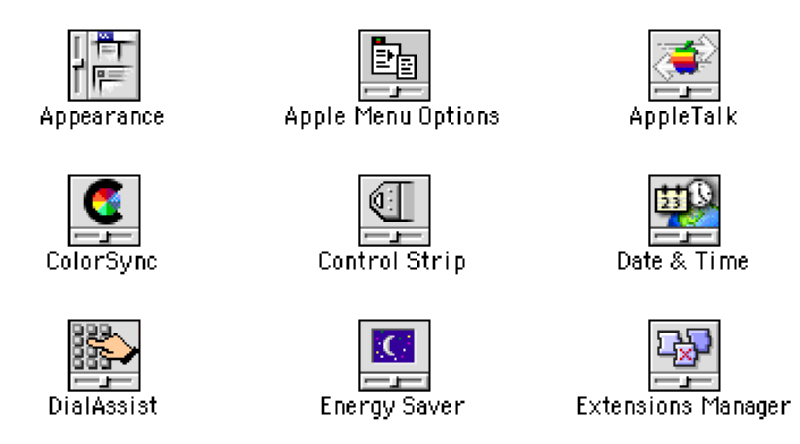 A grid of old Macintosh control panel icons, each of which is square and divided into 2/3rds image representing the function of that control panel, and 1/3rd being an image of a slide to give you a clue as to what kind of thing this icon represents.