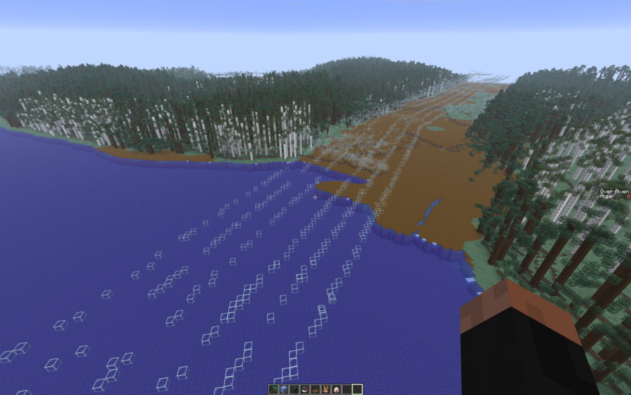 A screenshot in minecraft showing glass blocks floating in air following the path of a pair of three cable wide power lines as they cut through a cleared path in the forest.