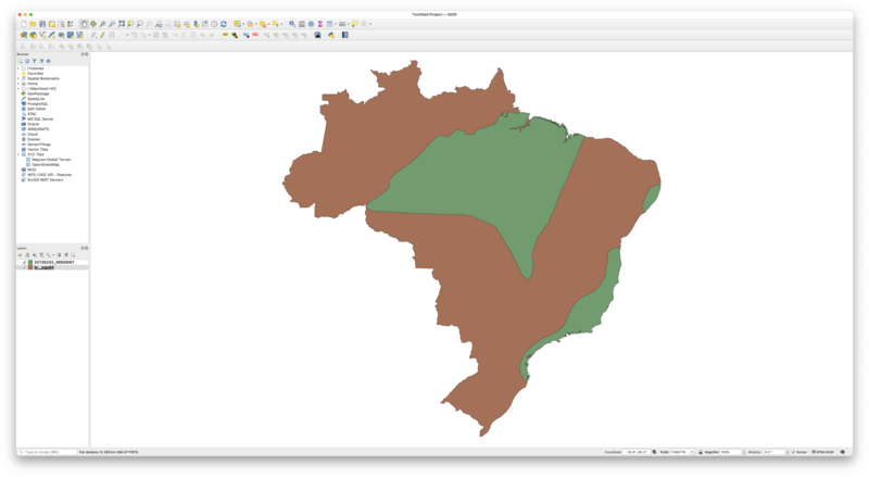 A screenshot of QGIS geospatial software showing the range of the Arial Toucan overlaid onto a polygon showing the outline of Brazil, and the range seems to be inside of Brazil.