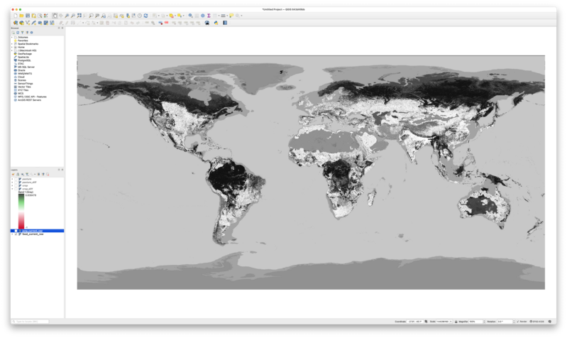 Screenshot of QGIS software displaying a modified version of the habitat map that incorporates farming land use data from GAEZ and HYDE 3.2. The map shows similar grayscale patterns to the first image but with much of the world covered in lighter areas that show a greater impact for farming.