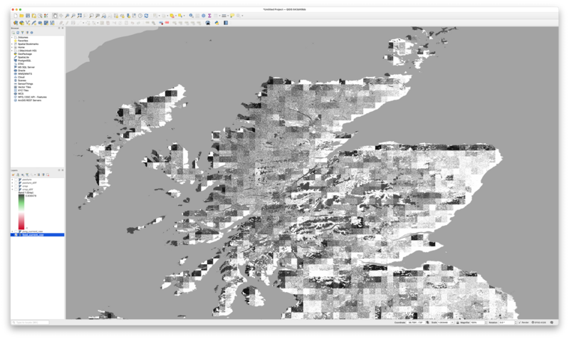Screenshot of QGIS software displaying a zoomed-in view of the updated habitat map, revealing pixelated grid patterns where the coarser resolution GAEZ and HYDE datasets have been integrated with the higher resolution Jung dataset, creating visible quantisation artefacts in the grayscale land use classifications.
