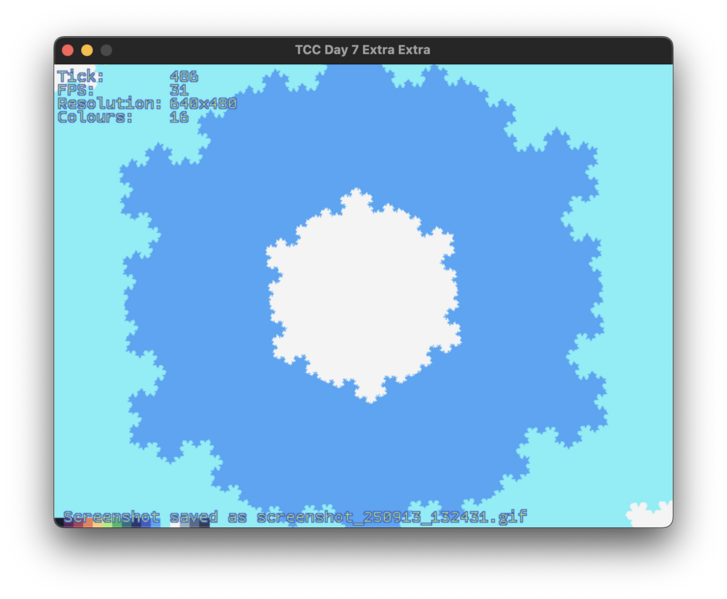 A screenshot of a fractal generation application titled "TCC Day 7 Extra Extra" displaying a Koch fractal with a white central snowflake pattern surrounded by blue fractal patterns on a cyan background, showing technical parameters including tick 486, 31 FPS, 640x480 resolution, and 16 colors. At the bottom of the screen it has an announcement of a screen shot being saved to a specific filename.