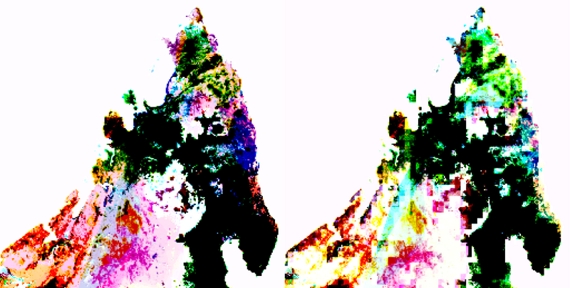 Digital map showing two side-by-side visualisations of northern Madagascar displaying the LIFE biodiversity metric using different habitat datasets, with vibrant multicoloured pixels representing extinction values for different taxonomical groups. The left image shows smoother colour transitions, while the right image exhibits visible pixelated artefacts and blockier patterns due to the integration of coarser resolution data with higher resolution datasets.