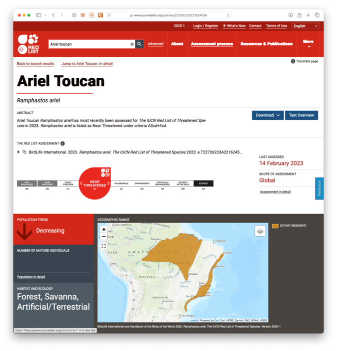 A screenshot of the IUCN website showing the page for the Ariel Toucan. On it is a map of South America showing a pair of coloured blobs laid over the map indicating areas where the species can be found.