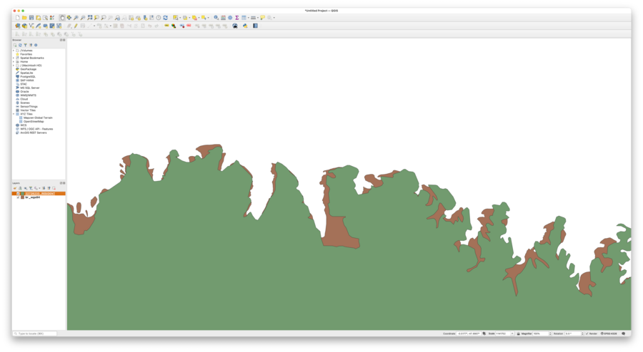 A screenshot of QGIS geospatial software showing the same data as before, but zoomed in on the coast and you can see the two areas cross over each other often trying to follow the detailed coastal outline slightly differently.