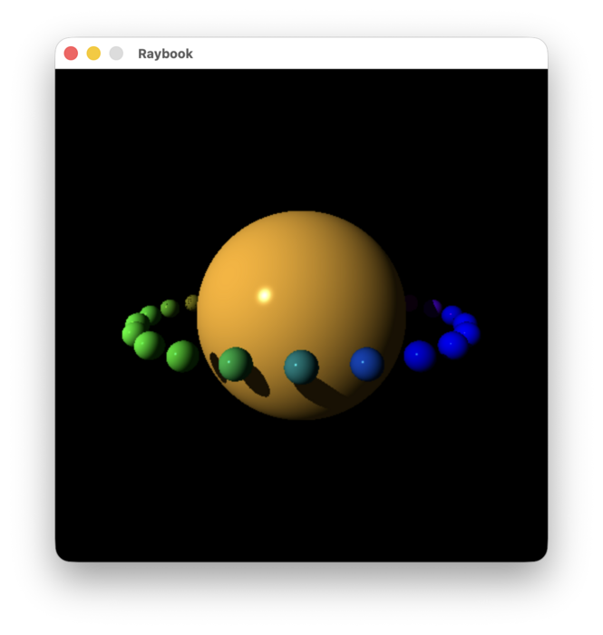 A screenshot of a ray traced orange sphere with a ring an smaller rainbow coloured spheres around it. The scene is lit from the top left, and yo can see that the smaller spheres cast a shadow on the larger one, and the large one is shading the far side ring spheres.