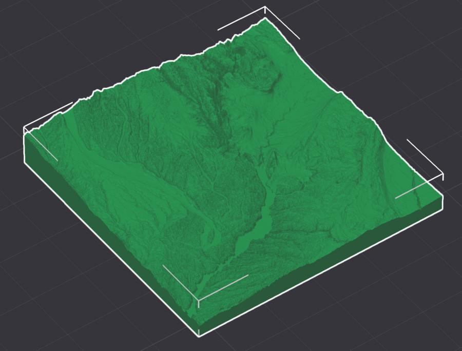 A screen shot of a square area of hilly land rendered in some 3D-printer slicer software.