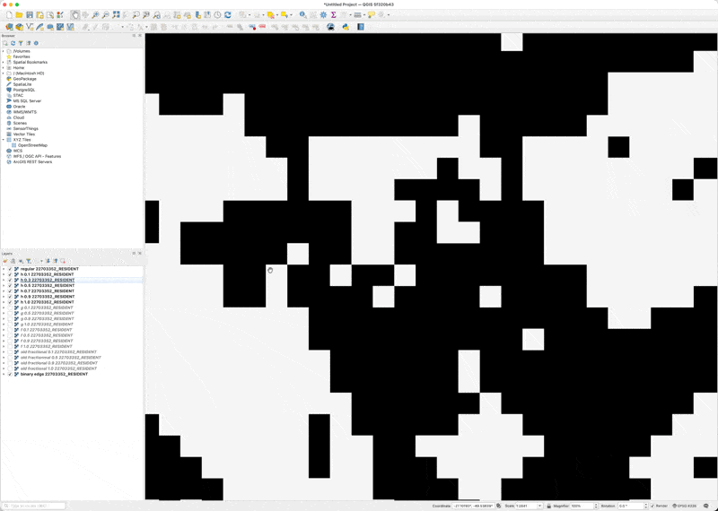 Animated GIF of a QGIS screenshot showing progressive erosion of white pixels in an Area of Habitat map against a black background, demonstrating the application of an edge effect that gradually removes pixels from the boundaries inward, with the layers panel visible on the left showing the data sources.