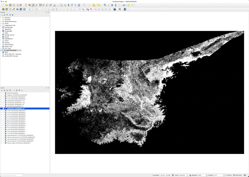 Animated GIF of a QGIS screenshot showing progressive erosion of white pixels in an Area of Habitat map of the Atlantic Forest region in Brazil, demonstrating an edge effect that gradually removes habitat pixels from the boundaries inward, with the map displayed against a black background and a layers panel visible on the left.