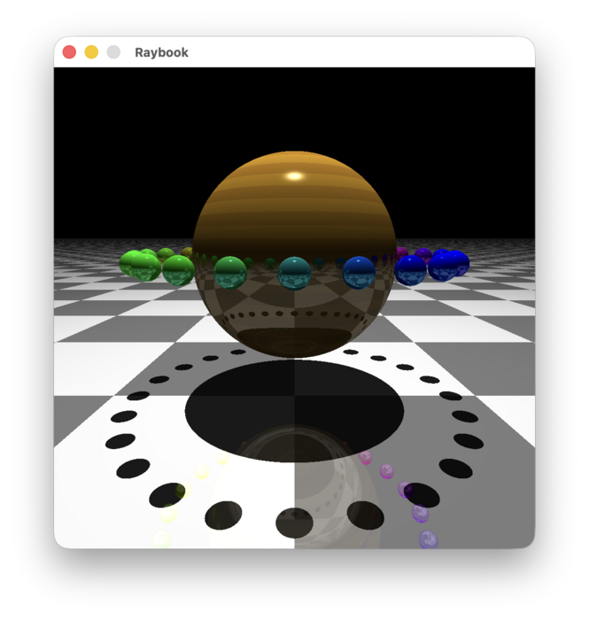 A screenshot of a raytraced scene of a large orange striped sphere surrounded by a ring of smaller, rainbow coloured, spheres, all floating over a checkerboard patterned infinite plane. You can see the shadow cast by the spheres on the plane, and you can now see the plane and spheres all reflect each other. In the lower right though the purple bit of the rainbow is being reflected a bit much and is eye catching in a weird way.