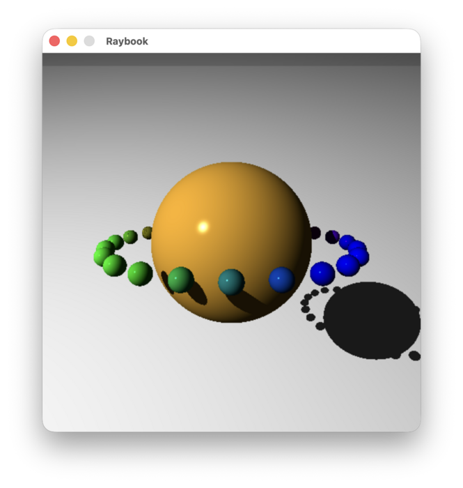 A screenshot of a ray traced scene of a large orange sphere with a series of rainbow coloured spheres surrounding it. Below the spheres is a neutral grey ground plane with the shadow of the spheres cast upon it.