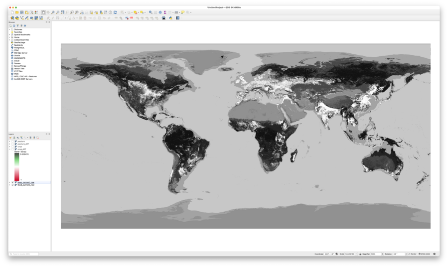 Screenshot of QGIS software displaying a grayscale world map showing habitat classifications based on Martin Jung's work. The map uses varying shades from white to black to represent different habitat types.
