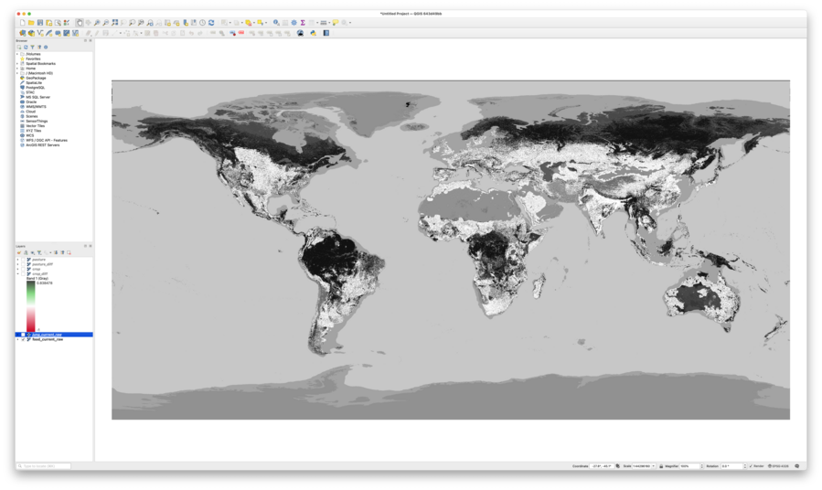 Screenshot of QGIS software displaying a modified version of the habitat map that incorporates farming land use data from GAEZ and HYDE 3.2. The map shows similar grayscale patterns to the first image but with much of the world covered in lighter areas that show a greater impact for farming.