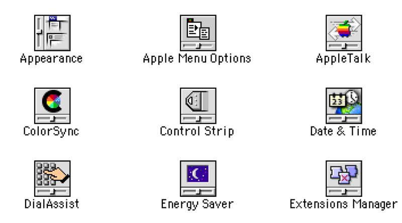A grid of old Macintosh control panel icons, each of which is square and divided into 2/3rds image representing the function of that control panel, and 1/3rd being an image of a slide to give you a clue as to what kind of thing this icon represents.