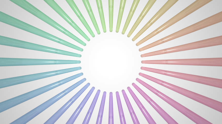 An image of a ray traced scene. A series of pale, over a pale background rainbow coloured tubes are coming in from around the edges to the centre of the window radially, but not meeting in the middle, leaving a circular void.