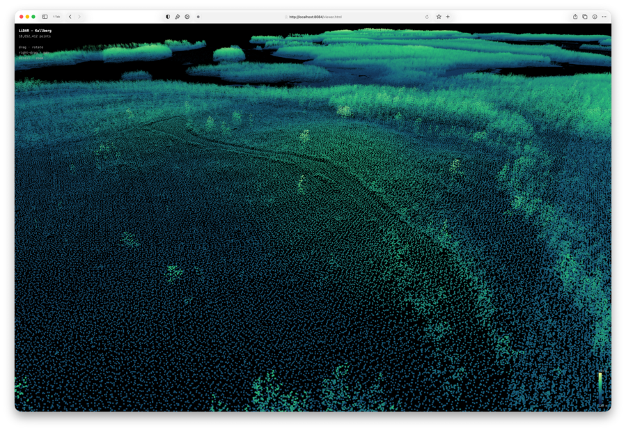 A zoom in of the point cloud data from earlier, showing a subtle height difference in a field that indicates a path.