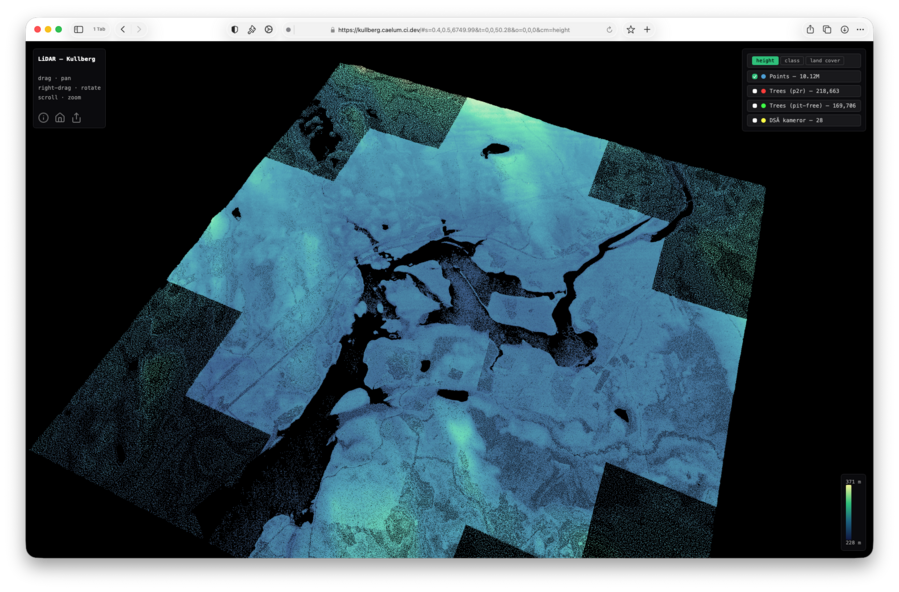 A screenshot of a web browser showing a false colour landscape of a river running through a forested area. The data is clearly made up in tiles with those closer to the centre of the map having more dense data than those at the edges. The false colour is indicating height.