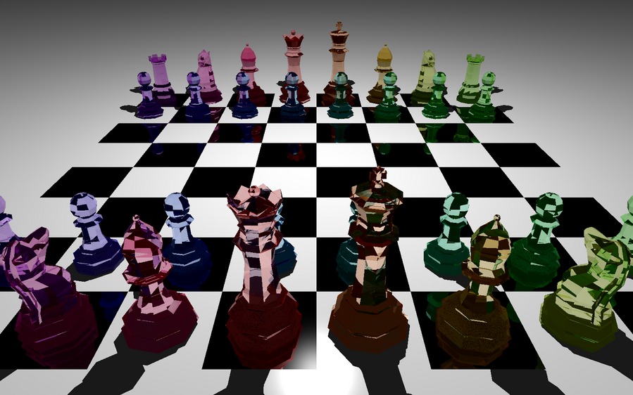 An image of a 3D ray traced scene showing a chess board from the perspective of being behind one of the sets of pieces looking over at the other 'team'. Both teams are made up from rainbow coloured glass, and the board is made from white and mirrored tiles.